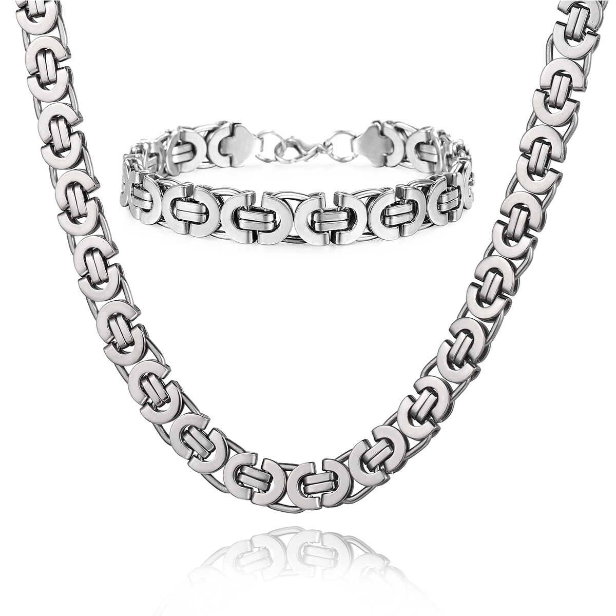 11mm Men’s Silver Flat Byzantine Chain Necklace Bracelet Set Stainless Steel