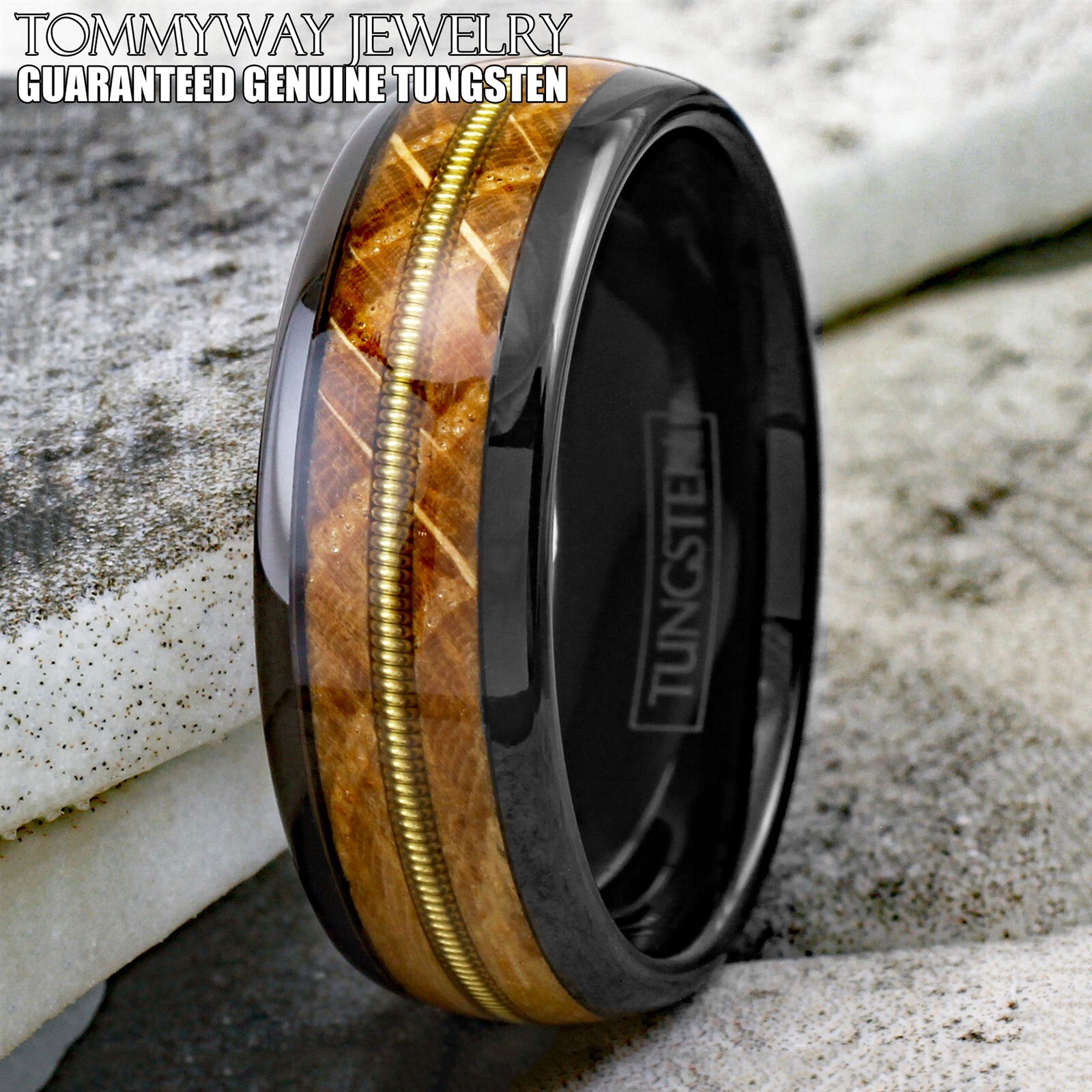 8mm Black Tungsten Whiskey Barrel Wood w/ Guitar String Men’s Wedding Band Ring
