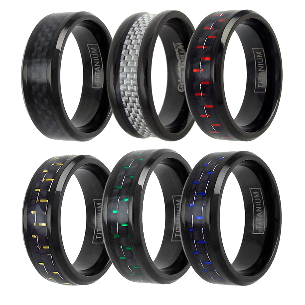 Titanium Men’s Carbon Fiber Inlaid Center Band Ring Sizes 8-15 (Choose Color)