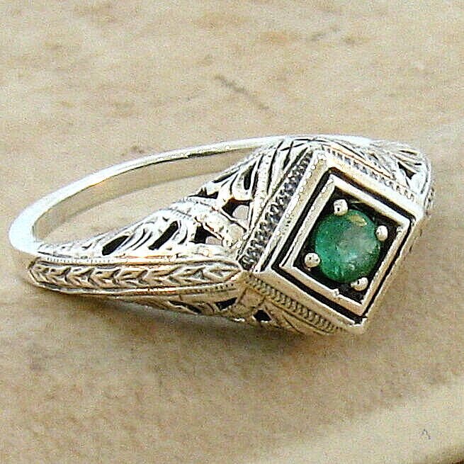 NATURAL EMERALD 925 STERLING SILVER DECO ANTIQUE STYLE SOLITAIRE RING 147X