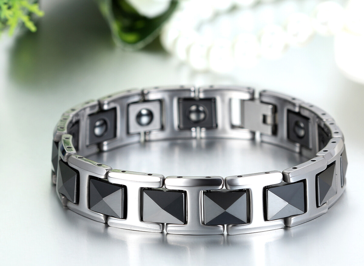 Silver Tungsten Carbide Black Ceramic Link Men’s Magnetic Healthy Bracelet