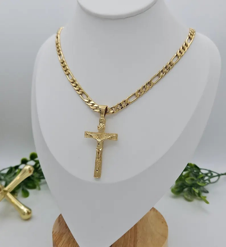 Gold Crucifix Necklace for Men, 6mm Round Figaro Chain, 14K Heavy Plated Gold
