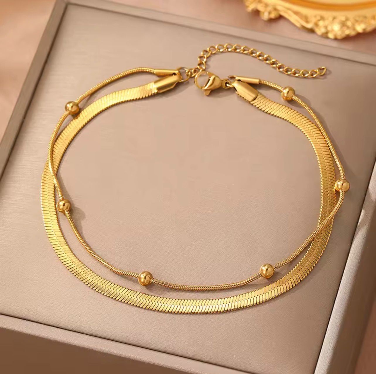 Stainless steel anklet bead strings snake bone chain double layered stacking