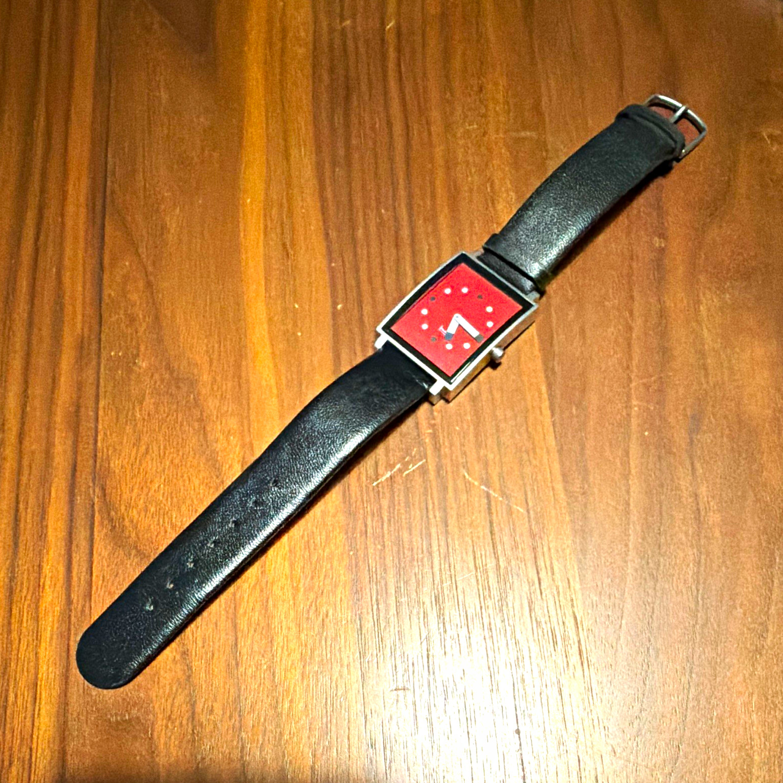 Projects Shenandoah Quartz Red Dial Rectangle SS Watch Black Leather