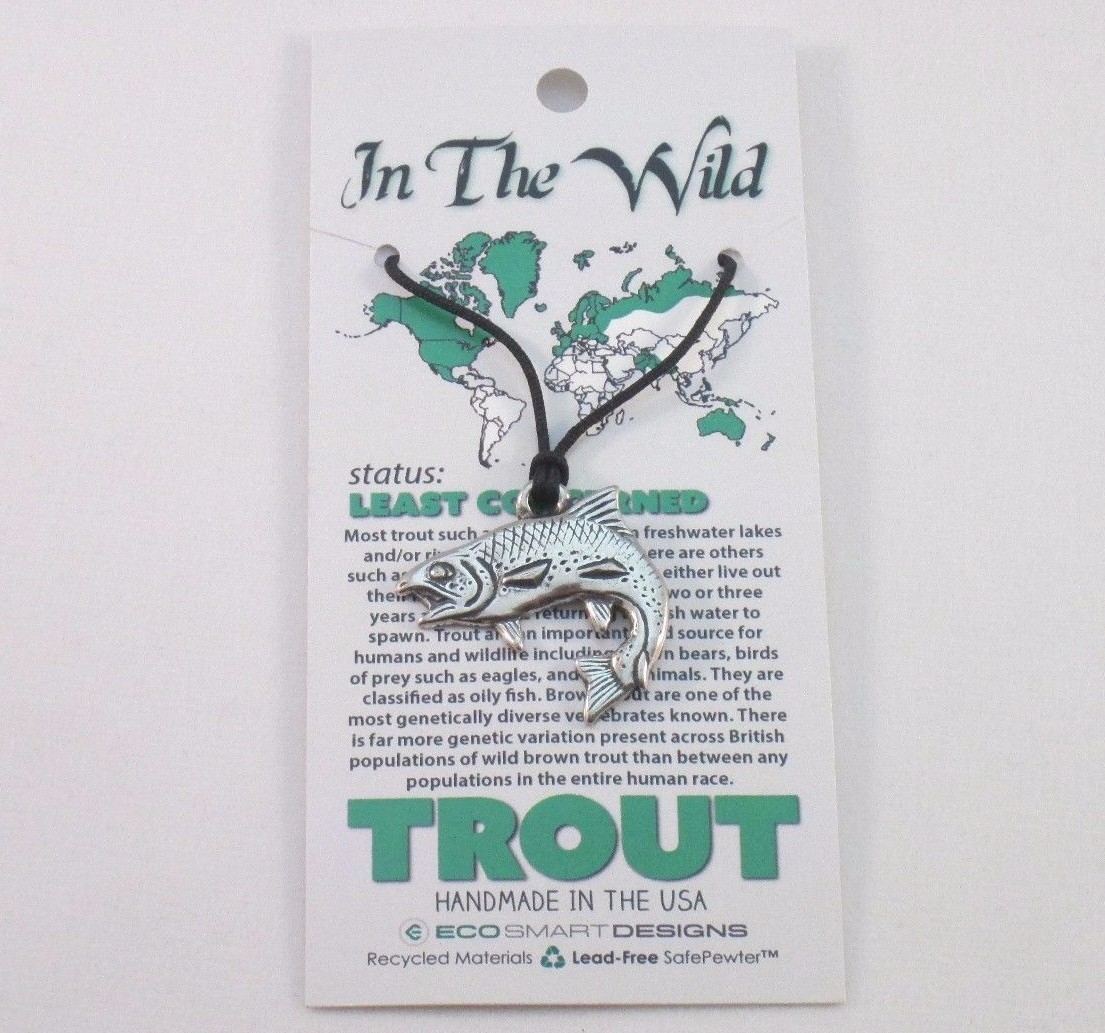 Trout Fish Pendant Lead free Safe Pewter 1.25″ Corded Made in USA Eco Smart