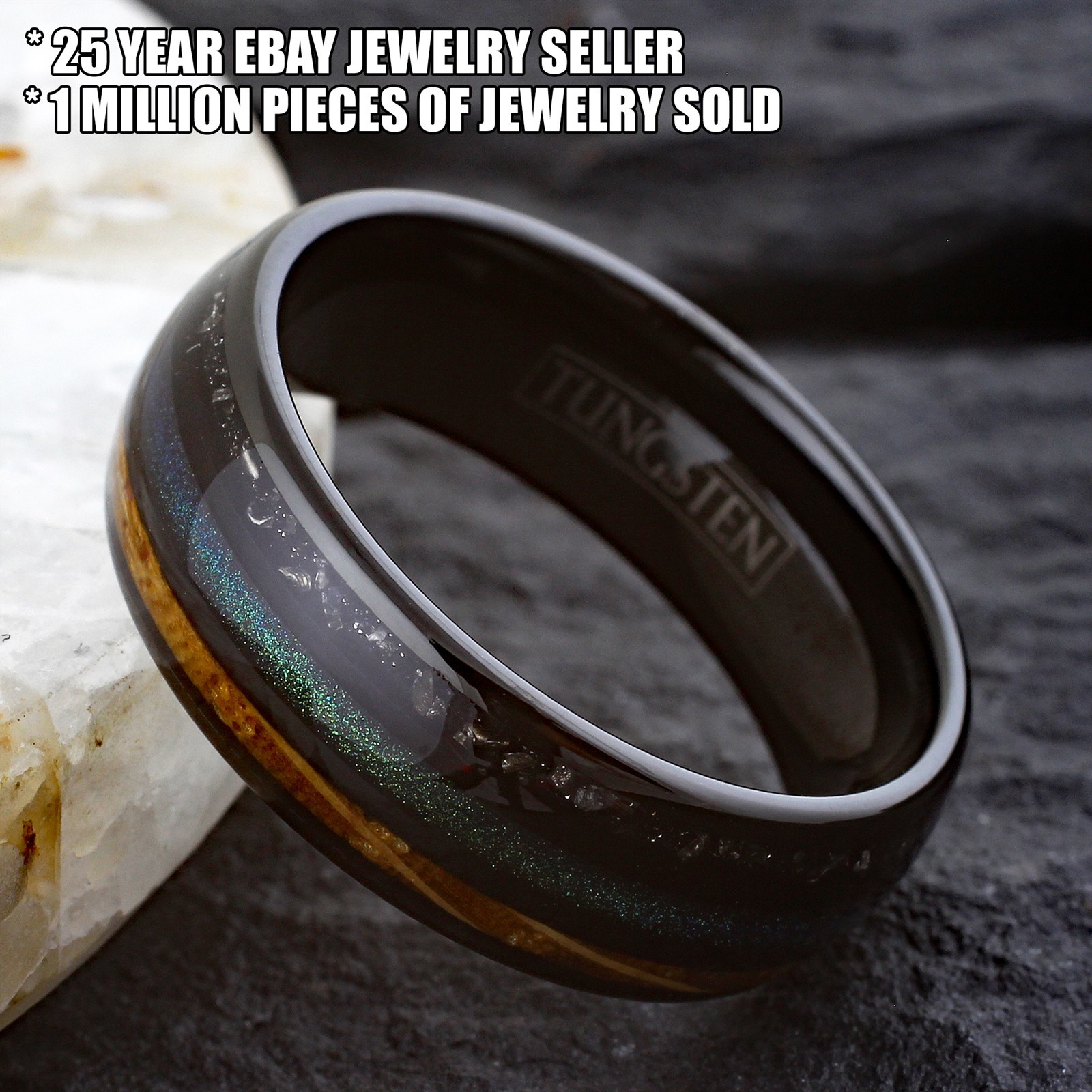 Black Tungsten Carbide Green Sand Whiskey Barrel Wood Faux Meteorite Band Ring