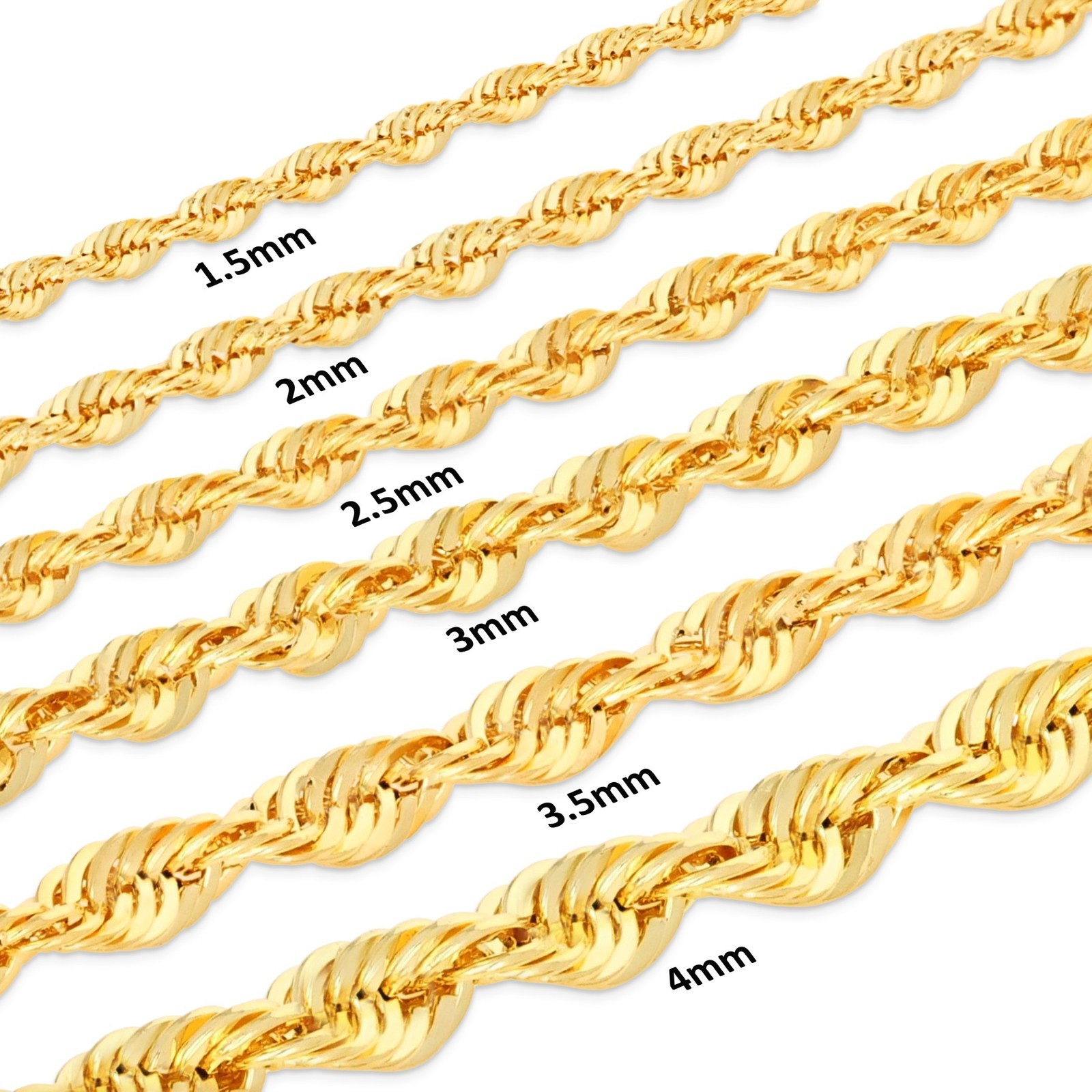 10K Yellow Gold 1mm-4mm Laser Diamond Cut Rope Chain Necklace Men Women 16″- 30″