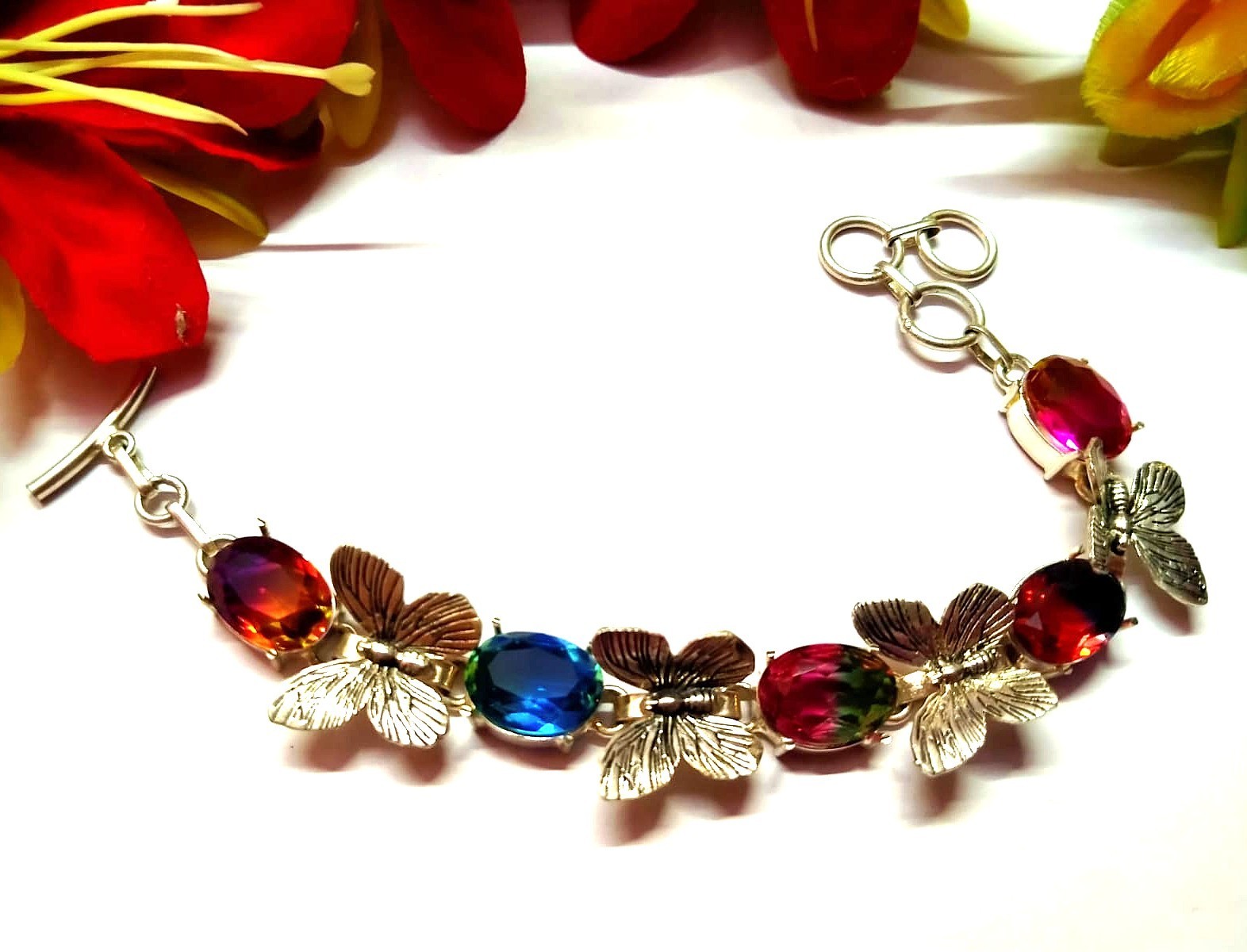 Multicolor Gemstone Handmade 925 Sterling Silver Jewelry Bracelet Sz-7-8”