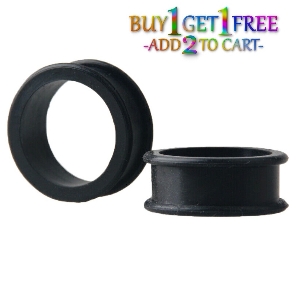 Pair 12g-50mm BLACK SILICONE FLAT FLARE TUNNELS Double Gauges Thin Flesh 3000