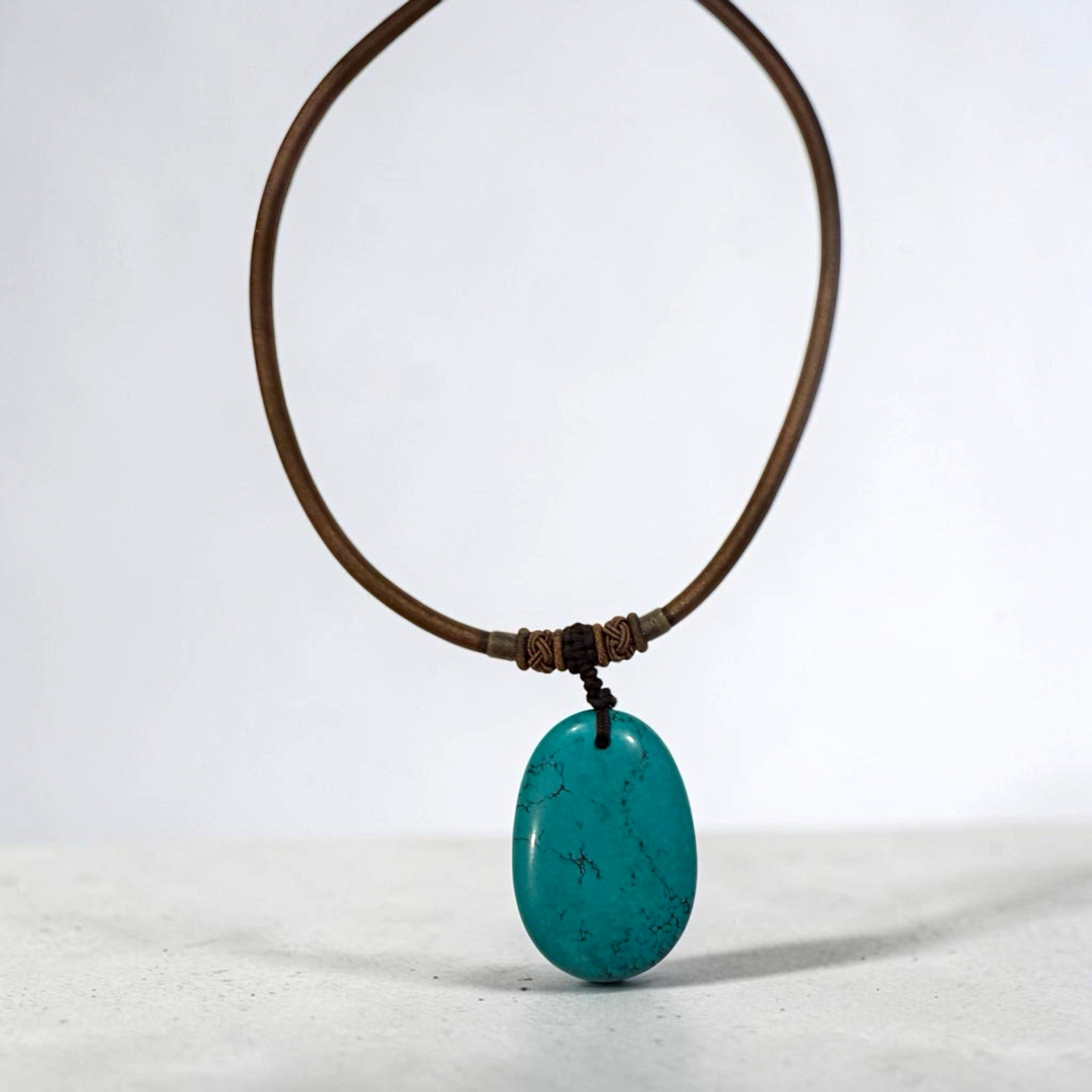 Turquoise Oval Stone Charm Pendant Necklace, Brown Leather Cord Chain