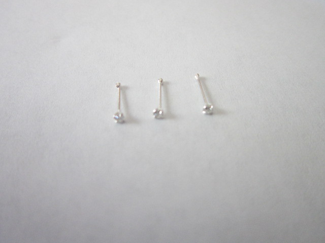 3 pieces Sterling Silver Nose Stud 1mm round CZ 8mm long 22 gauge body piercing