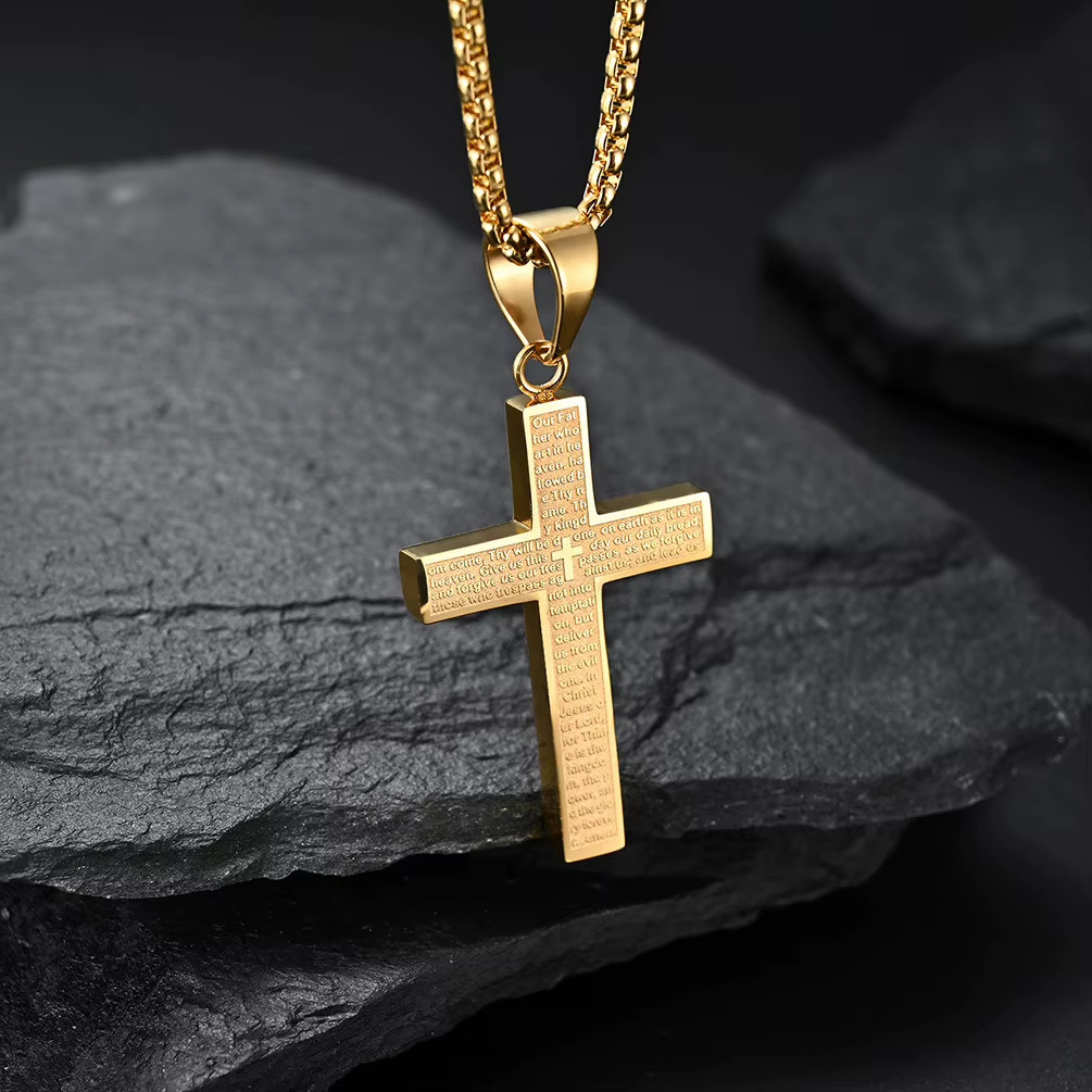 Stainless Steel Necklace Cross Pendant Box Chain Lobster Gold Bible Prayer N22