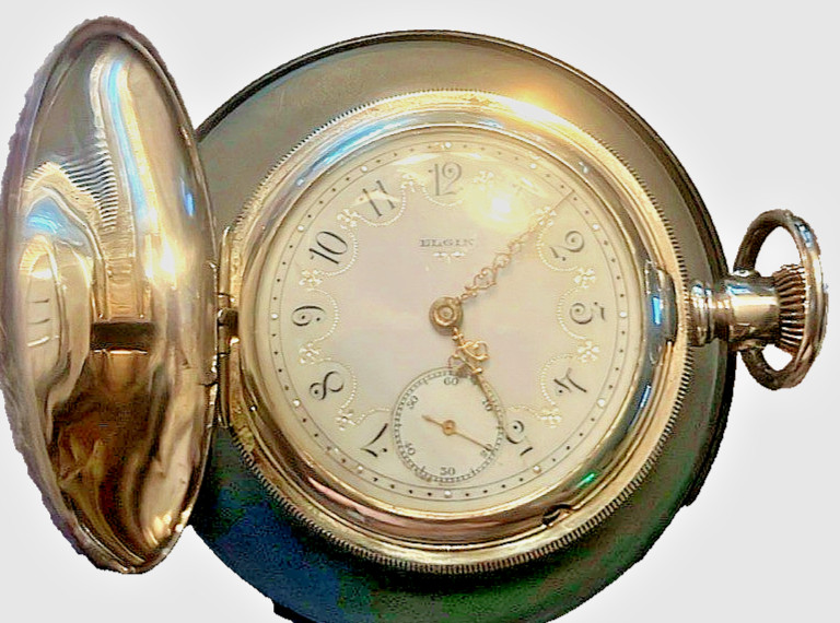ANTIQUE ELGIN Sterling SILVER HUNTER POCKET WATCH + Stainless Steel Chain
