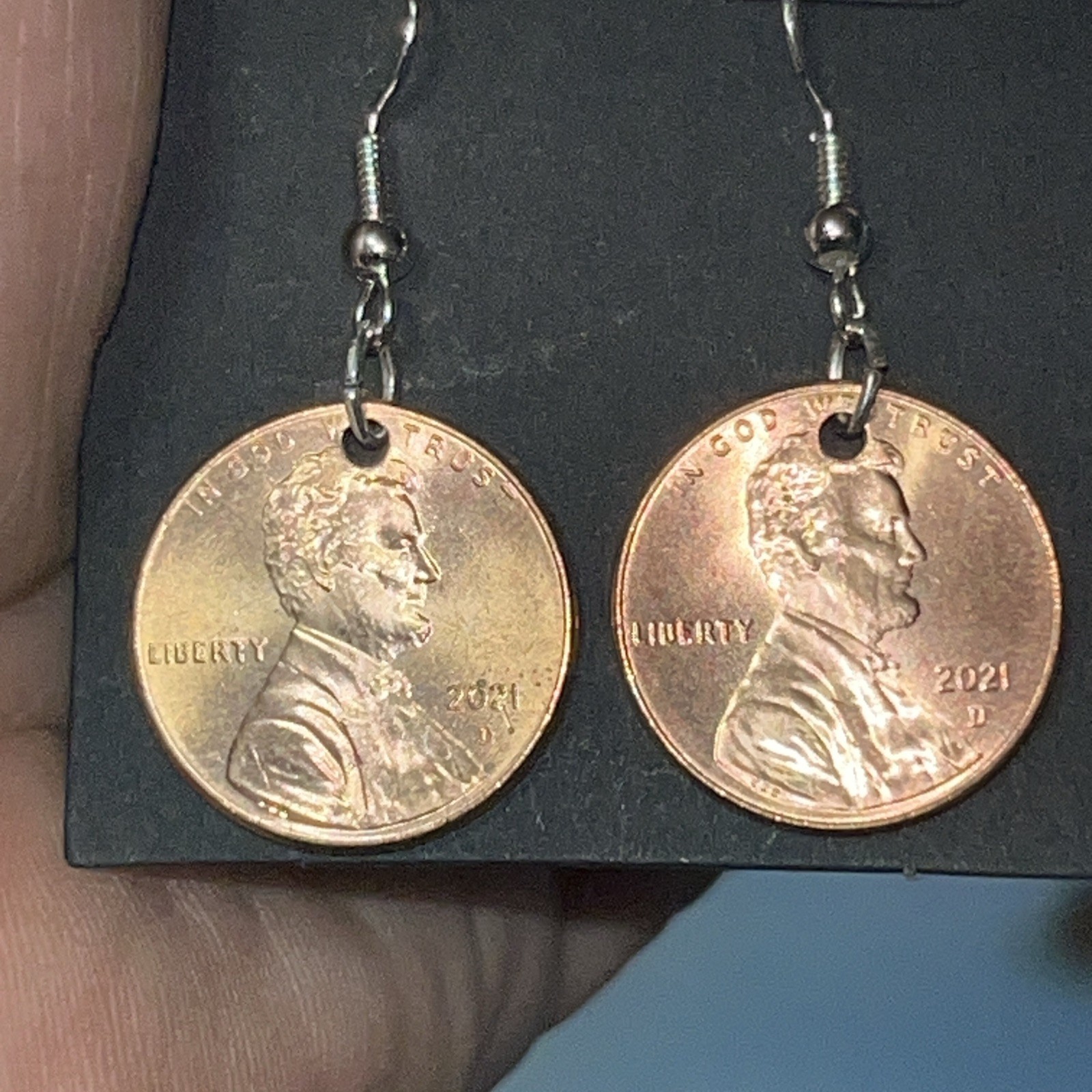 2-2021 Lincoln Penny Coin Nickel-Free Dangle/Drop Hook Earrings, Copper&Silver