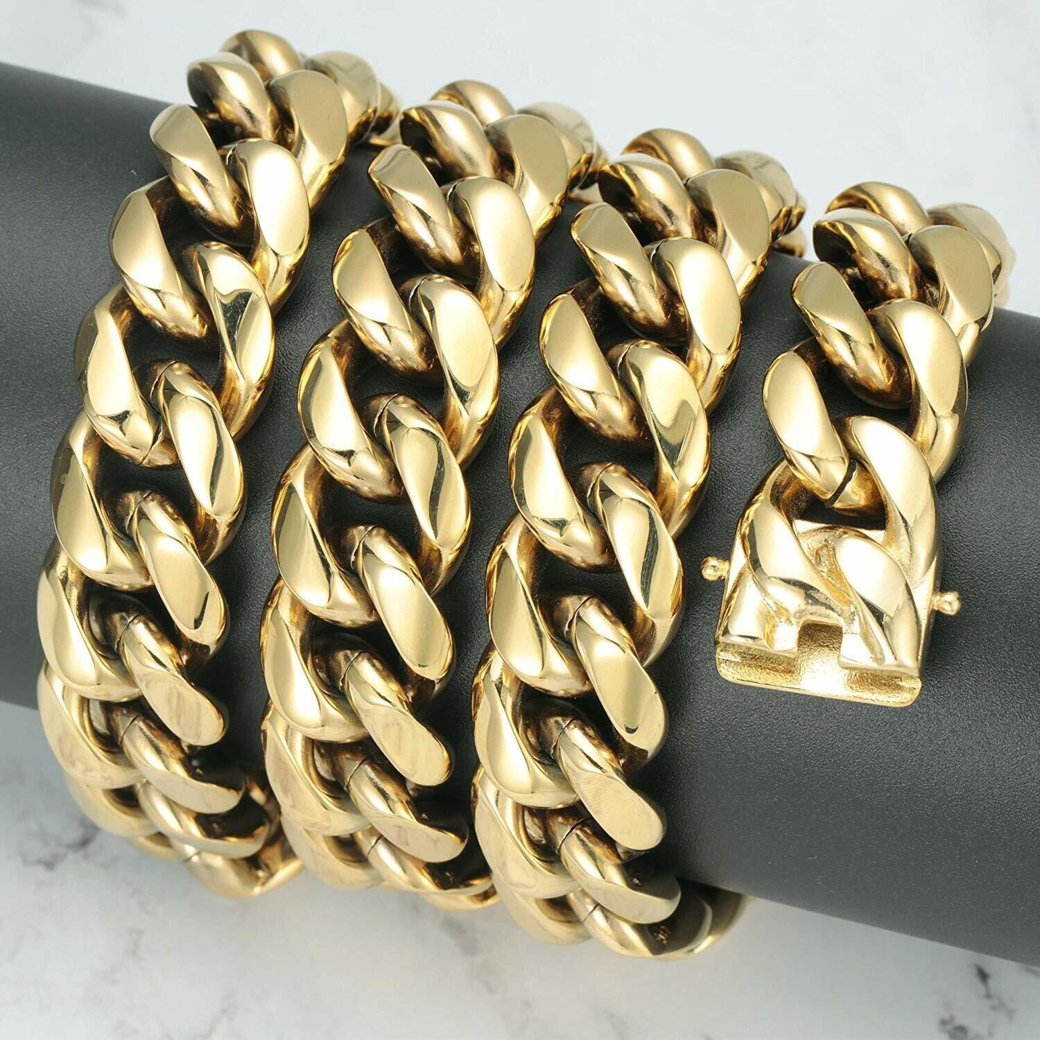 Real 14K/18K Gold Plated PVD Solid Miami Cuban Link Chain Bracelet Set 4mm-14mm