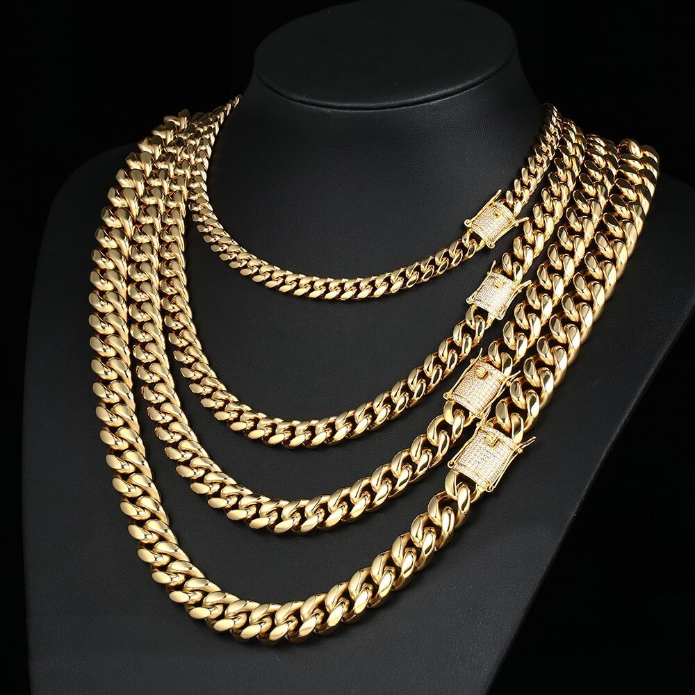 14k Gold Plated Stainless Steel Miami Cuban Link Bracelet Or Chain with CZ Clasp