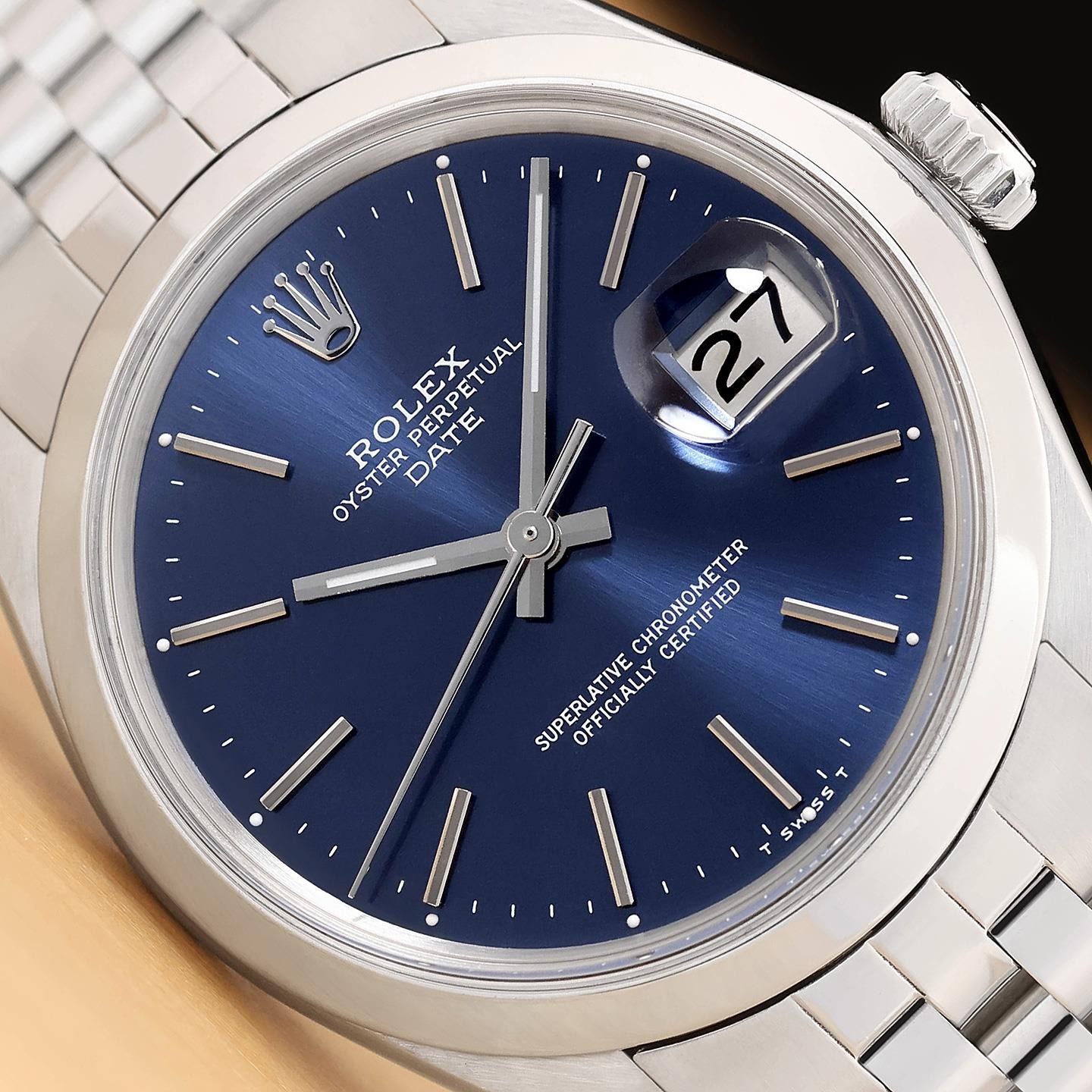 ROLEX MENS OYSTER PERPETUAL DATE 1500 34MM BLUE DIAL STEEL JUBILEE WATCH