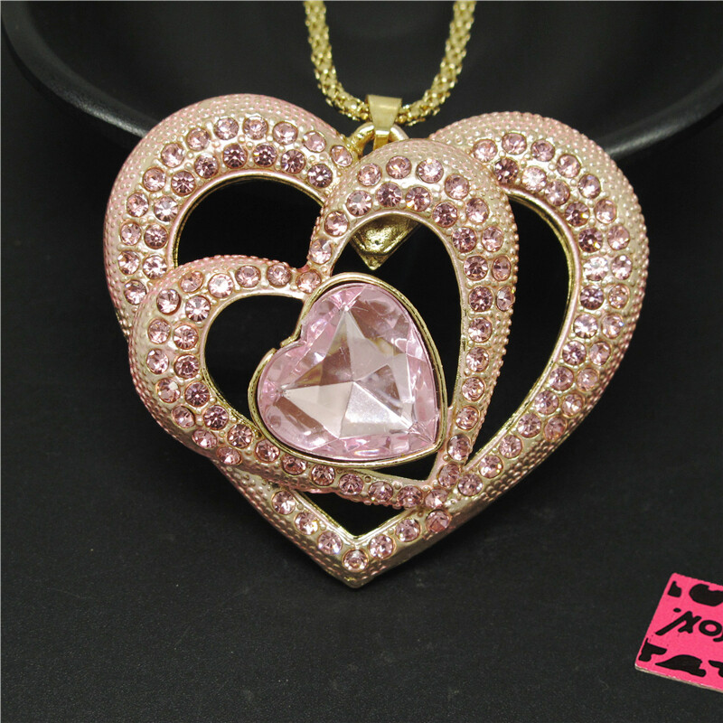 New Fashion Lady Pink Cute Love Beloved Crystal Pendant Women Necklace