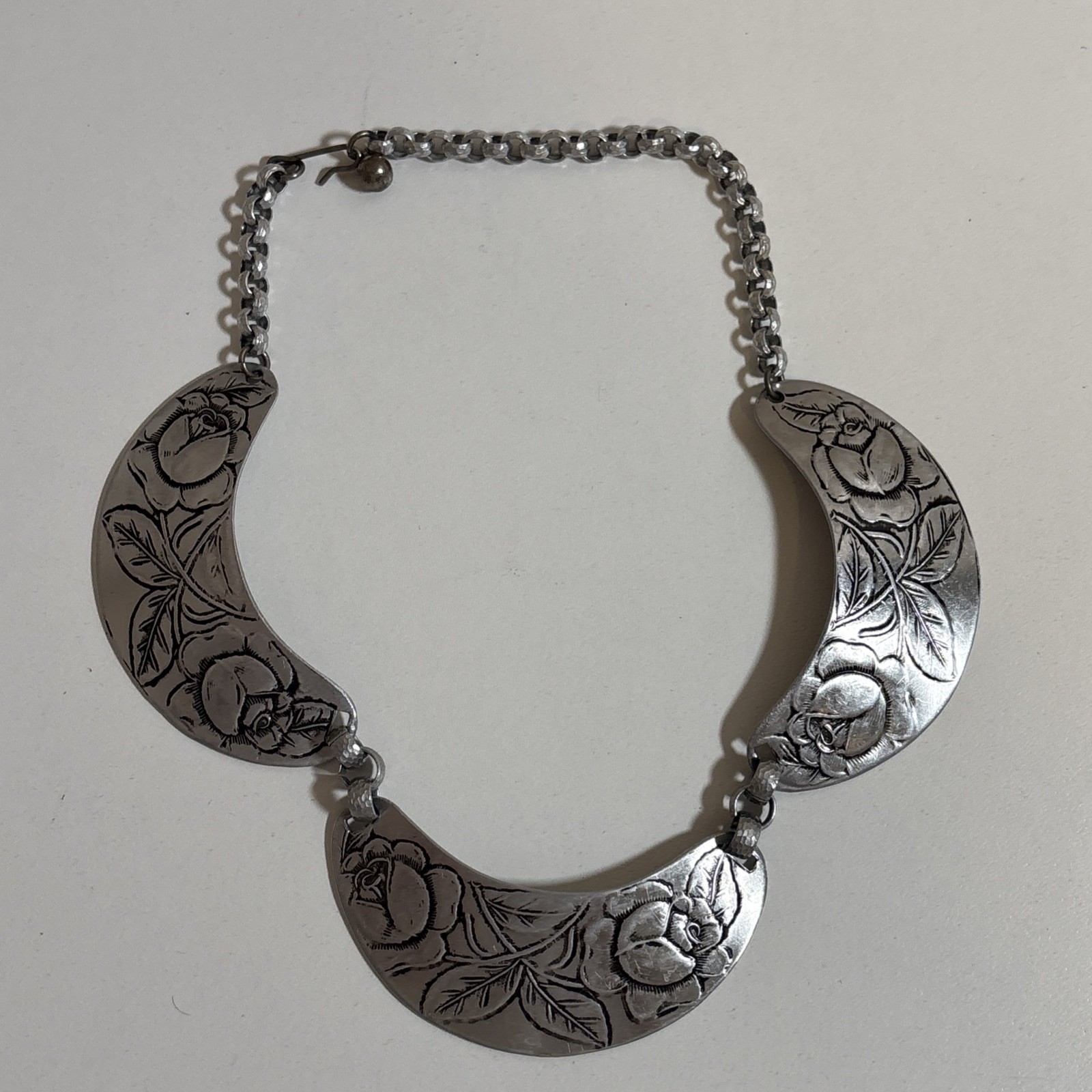 Vintage Hammered Aluminum Choker Necklace Roses Rose Flowers