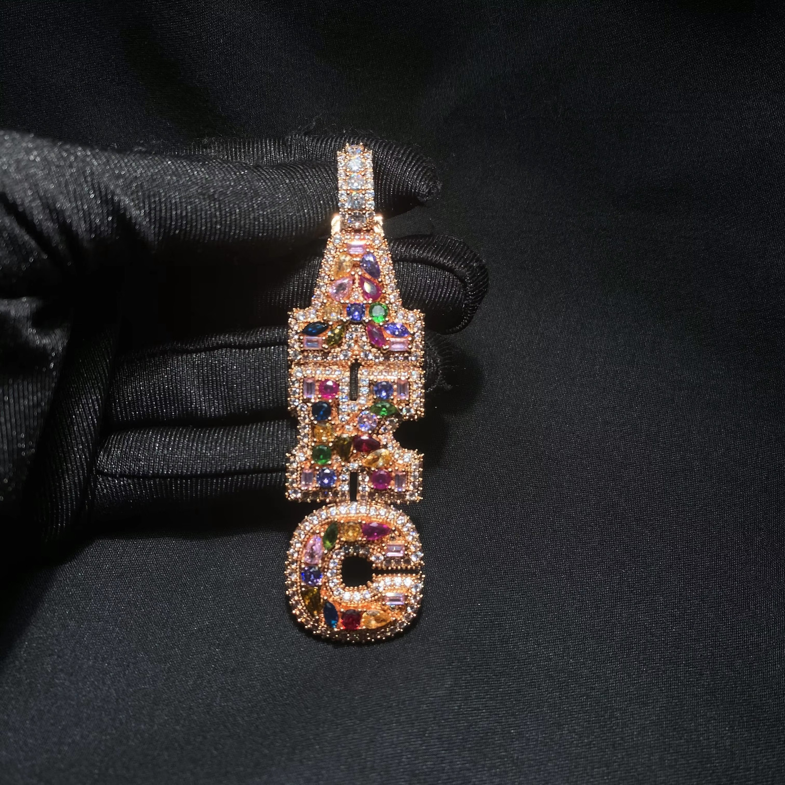5AAA+ CZ Multicolor Ice Out Hop Hip Bling Vertical Mixed Inlay Letter Pendant