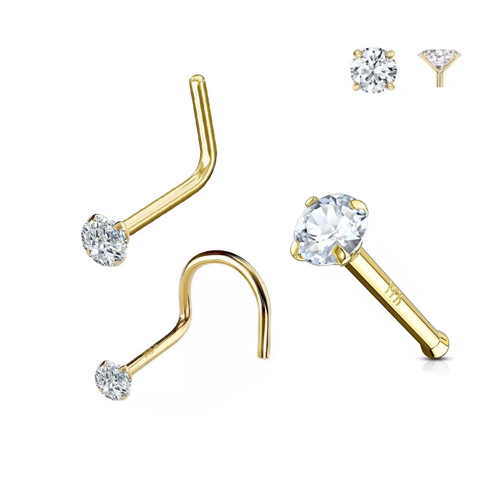 14K Yellow Gold 20G 18G Diamond Nose Ring With Choose L-Shape Nose Bone or Screw