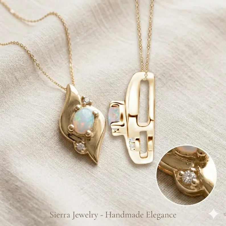 Oval Opal Halo Pendant Necklace CZ Brass October Birthstone Gift for Women