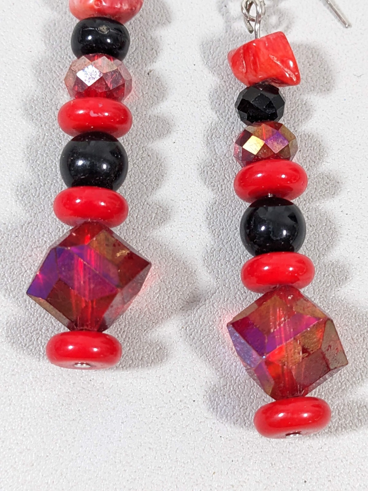 Artisan Red Black Stone Glass Stacked Bead Dangle Hook Earrings