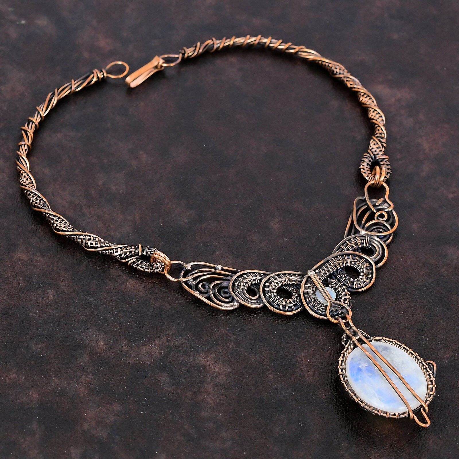 Rainbow Moonstone Jewelry Copper Love Gift Wire Wrapped Chain Necklace 18.0″