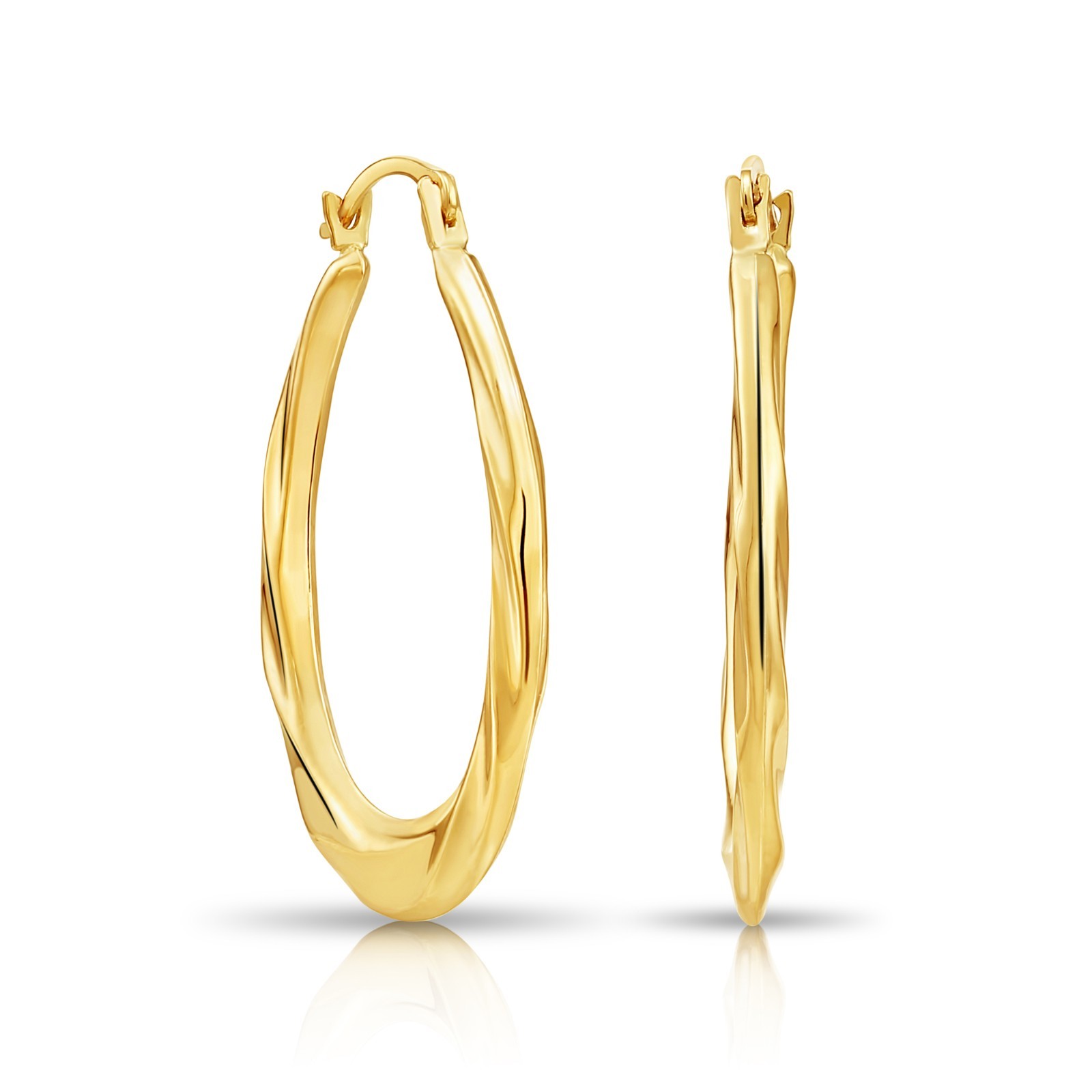10K Real Solid Yellow Gold Twisted Oval Creole Hoops Earrings Medium Size 22MM