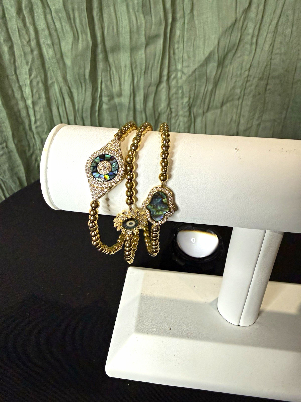 Gold Tone Ball/Bead Chain Charm Bracelet Crystal Evil Eye Dangle Multicolor