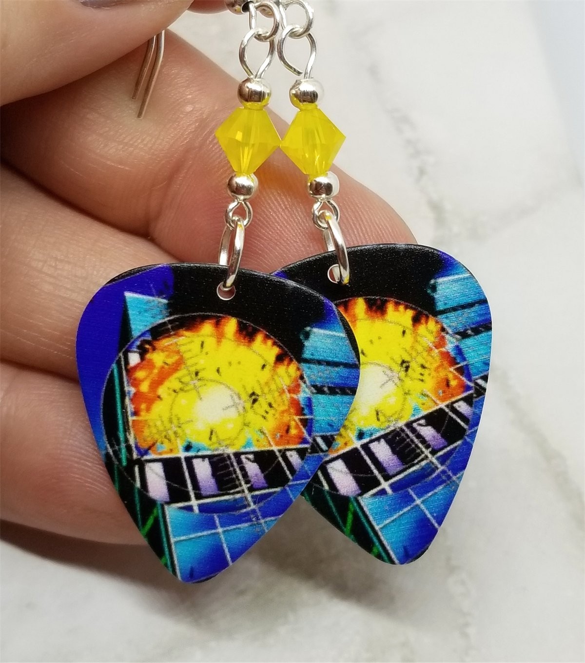 Def Leppard Pyromania Guitar Pick Earrings with Yellow Opal Swarovski Crystals