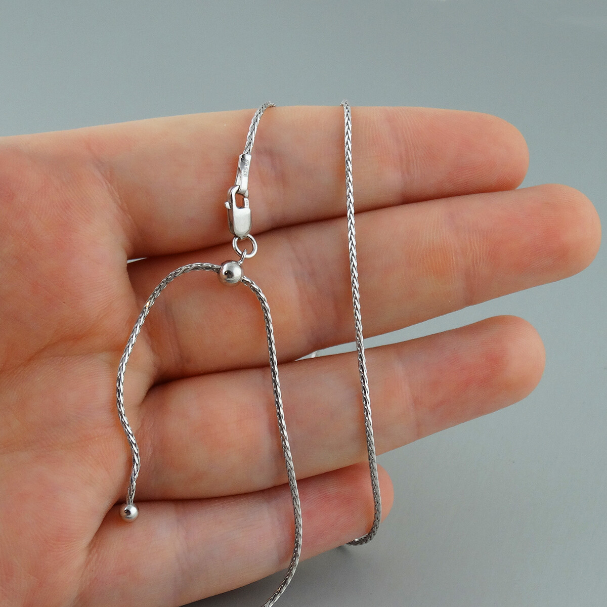 Adjustable 1mm Spiga Wheat Chain Necklace 20″ Rhodium Plated 925 Sterling Silver