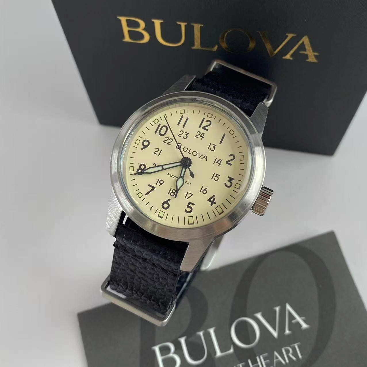 New Bulova Hack Men’s Automatic Watch Ivory Dial Leather Strap 96A246 38 mm