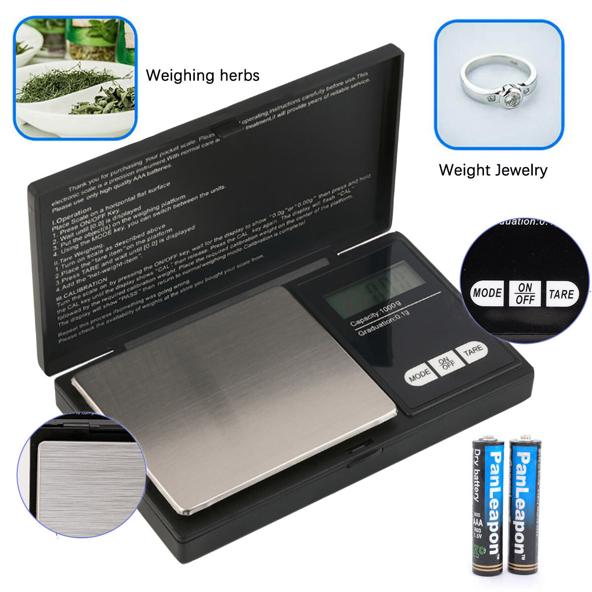 Pocket 1000g x 0.1g Digital Jewelry Gold Coin Gram Balance Weight Precise Scale