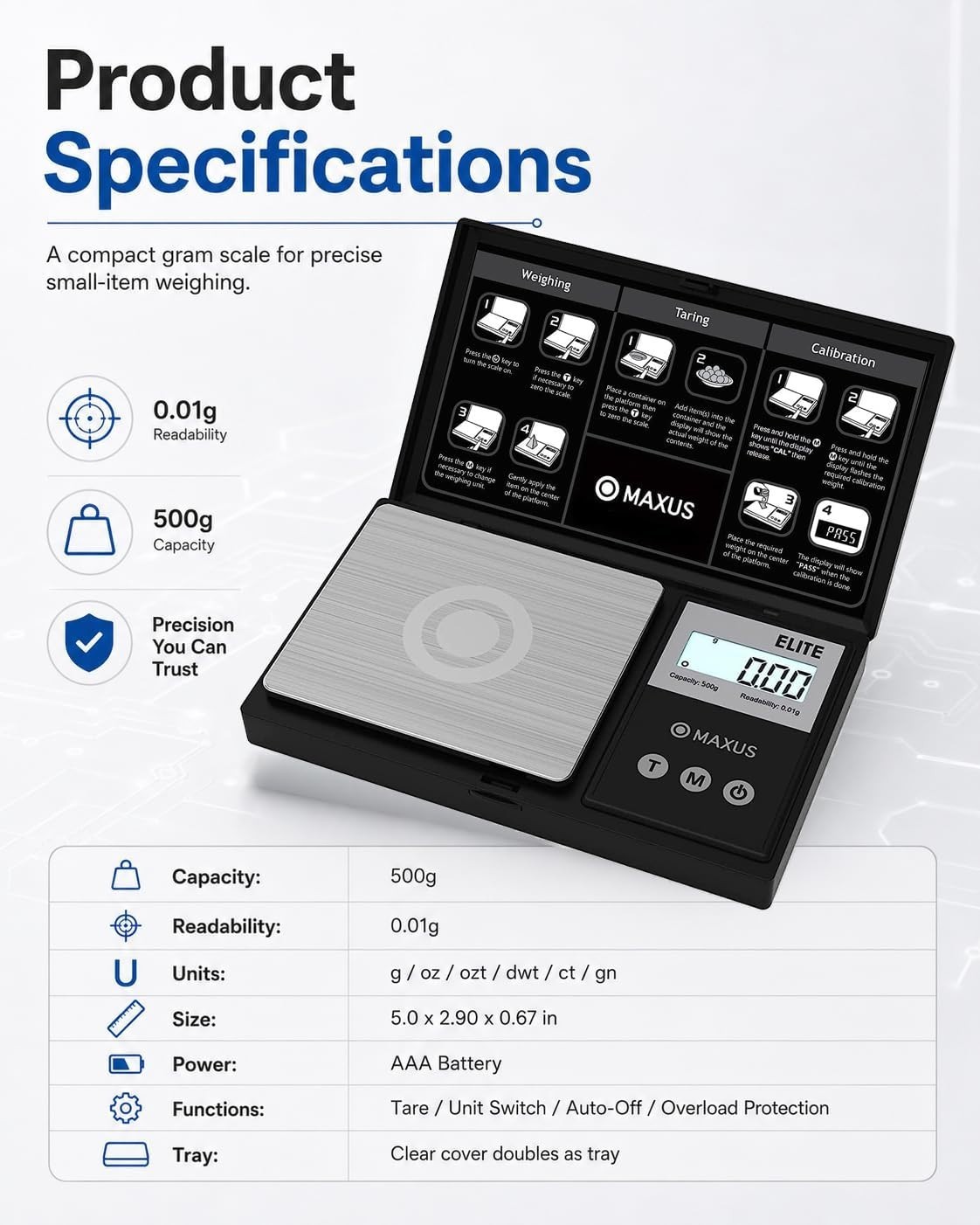 Precision Digital Pocket Gram Scale 500g x 0.01g with Tray – Versatile & Compact