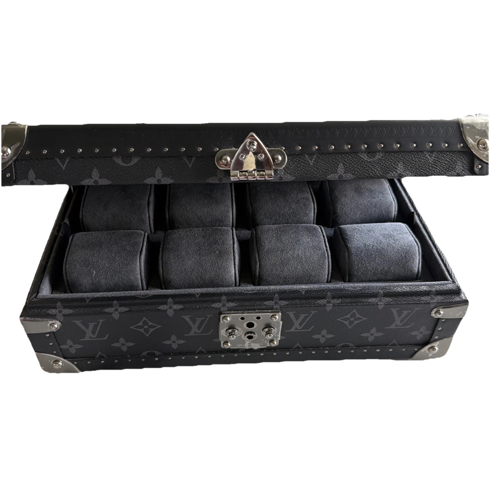 Louis Vuitton Black Monogram Leather Lockable Velvet Lined Jewelry Box 8pc NEW