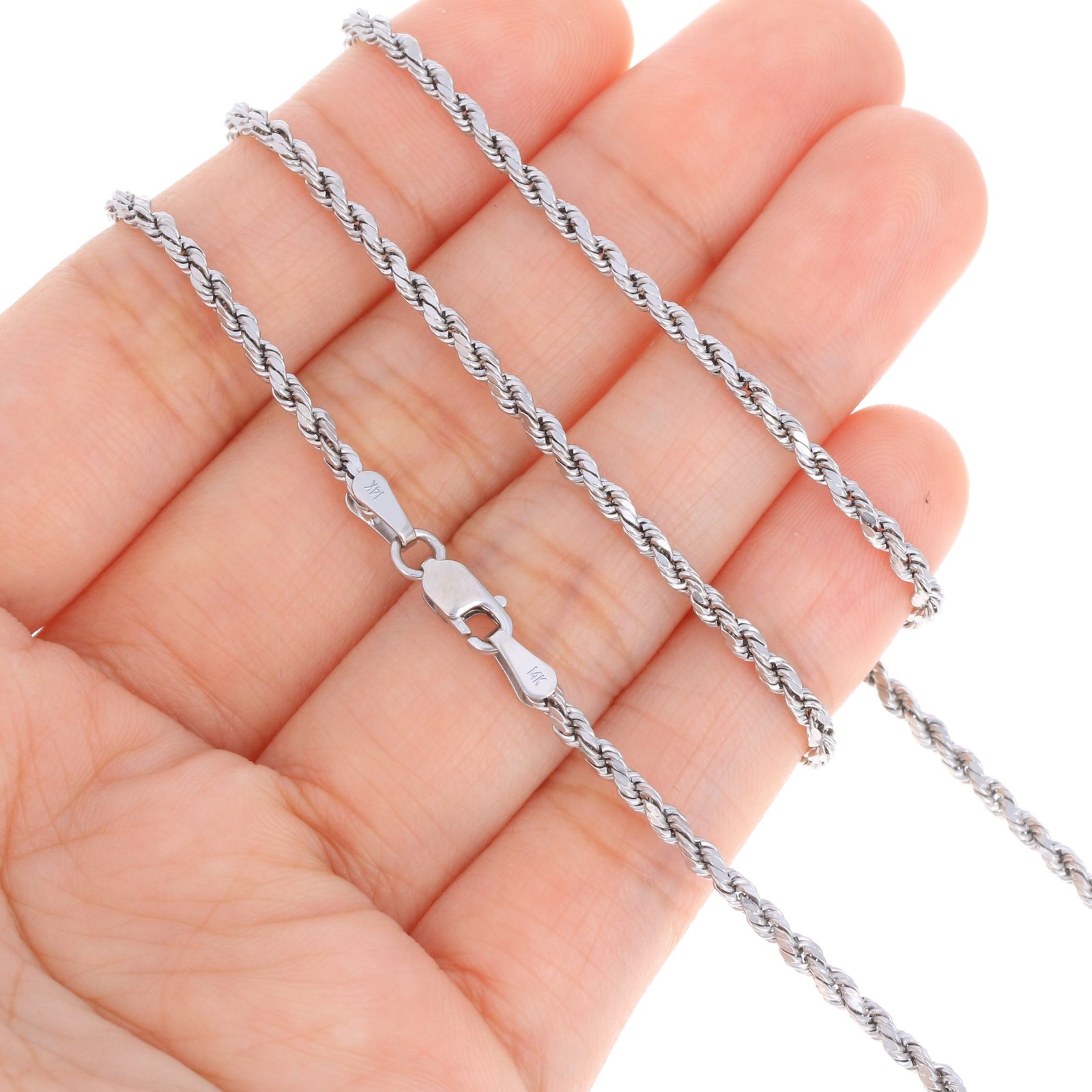14K White Gold 1.5mm-5mm Diamond Cut Rope Chain Necklace Mens Womens 14″-30″