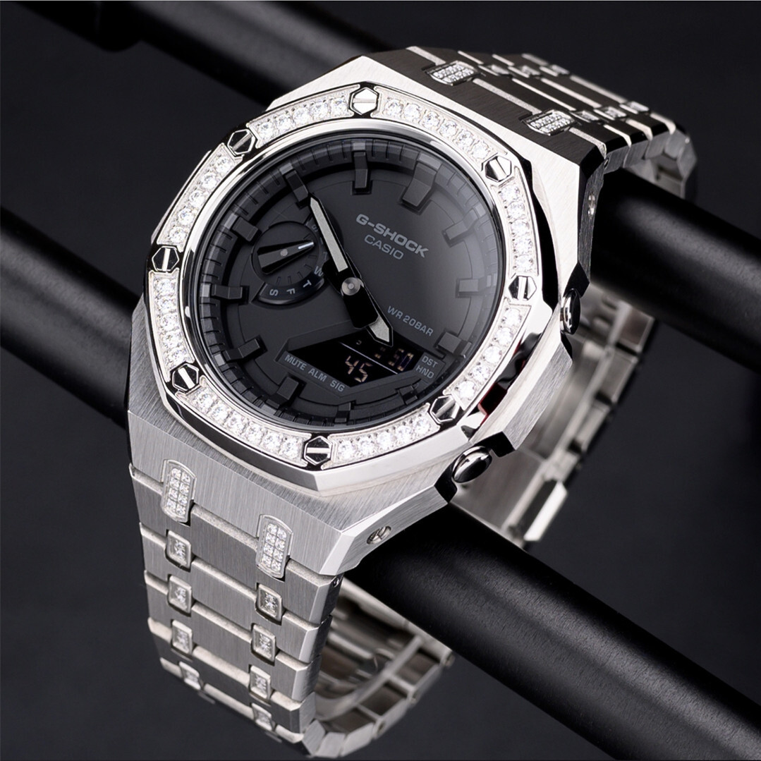Bling Diamond Stainless Steel Bezel Mod Kit Case Band for G-SHOCK GA-2100 GA2110