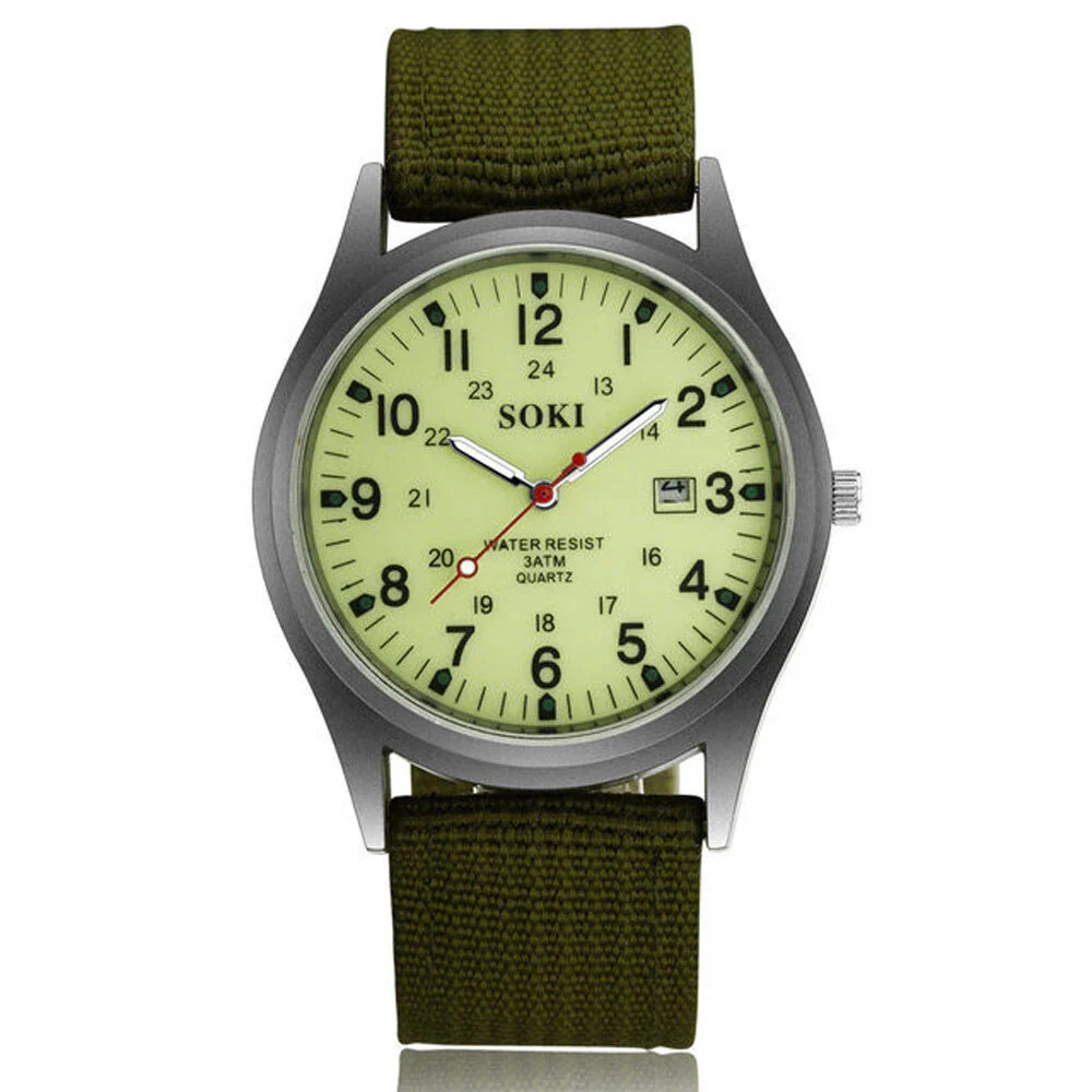 Men Army Luminous Quartz Watch Nylon Strap Date 24H Wrist Watch