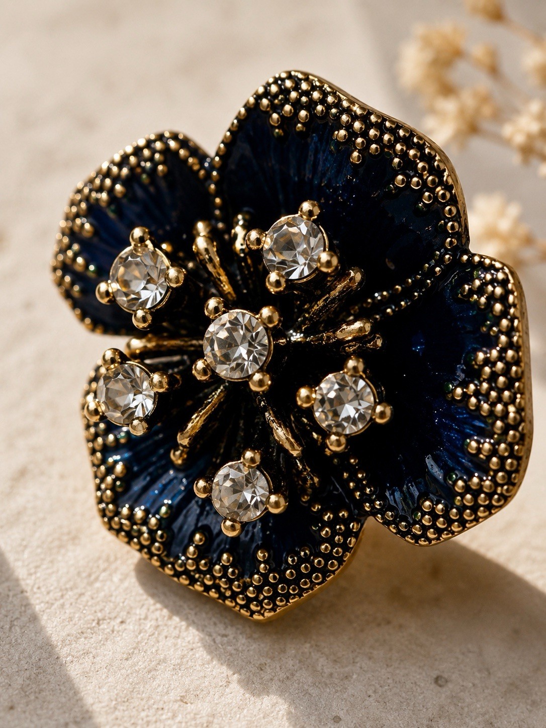Stud Earrings Blue Enamel Flower Cluster Clear Rhinestone Screw Back Gold