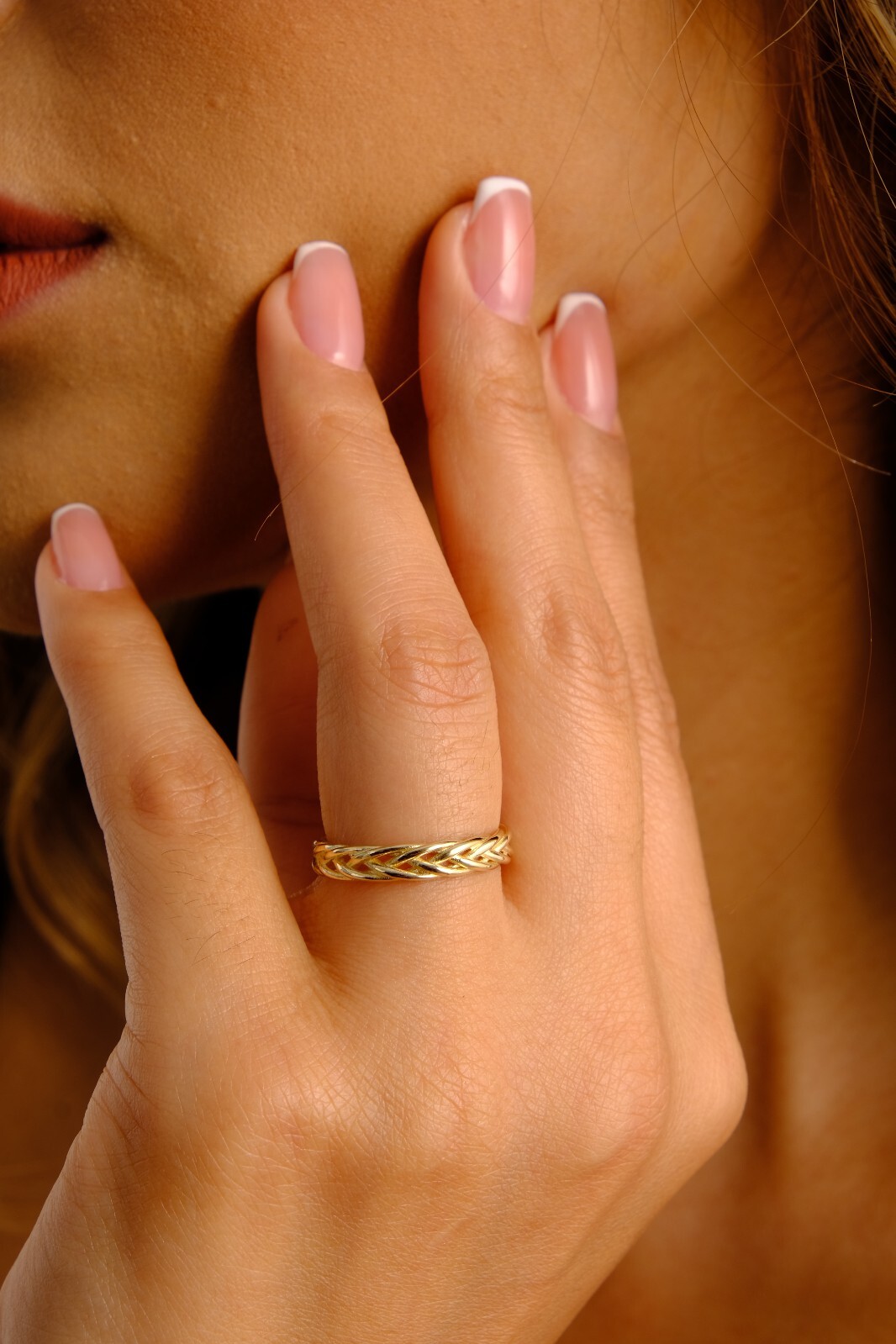 14K Gold Franco Chain Ring, Palm Wheat Foxtail Curb Chain Ring, Palm Wheat Chain