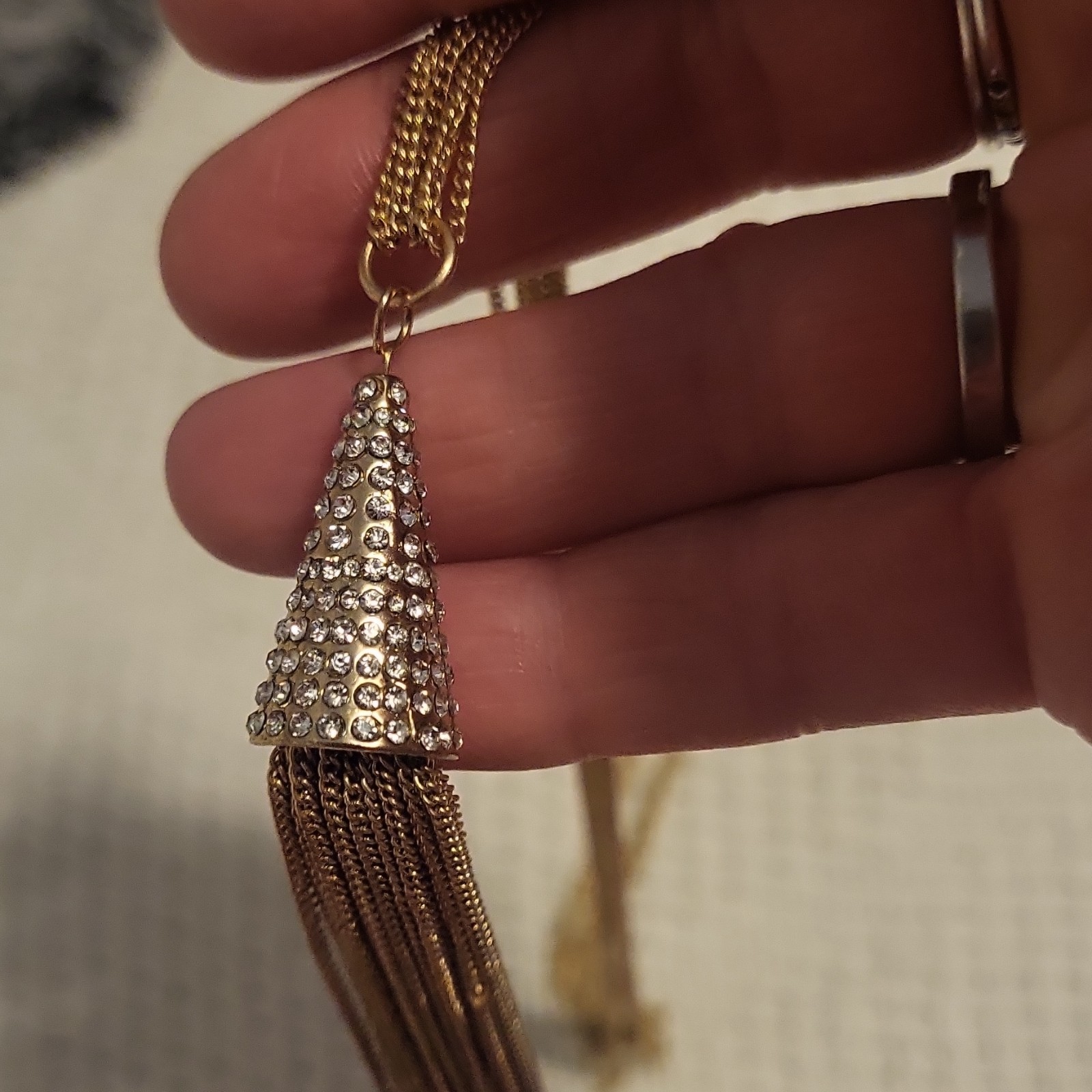 Gold Tone Chain Necklace Clear Crystal Pavé Cone Tassel Pendant Adjustable
