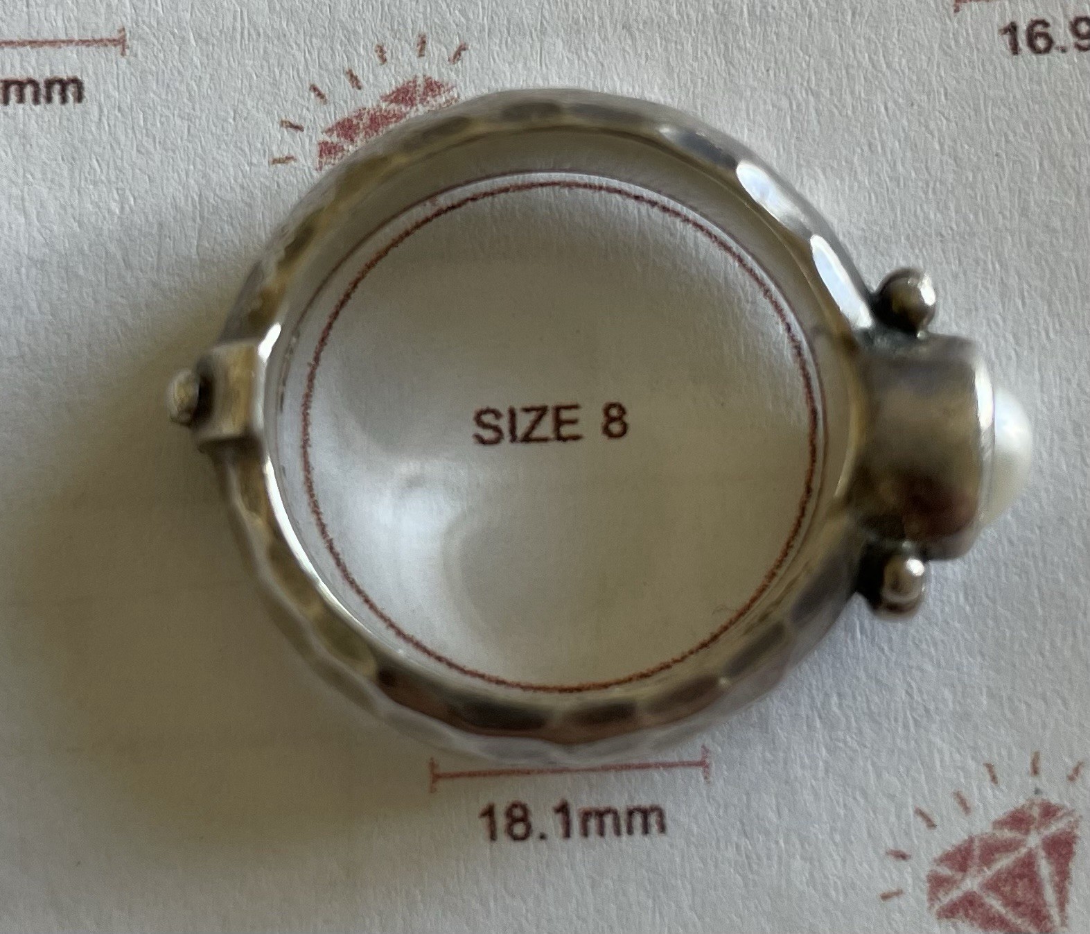 Sterling Silver 925 Hammered Pearl Ring (Brand Unknown) Size 8