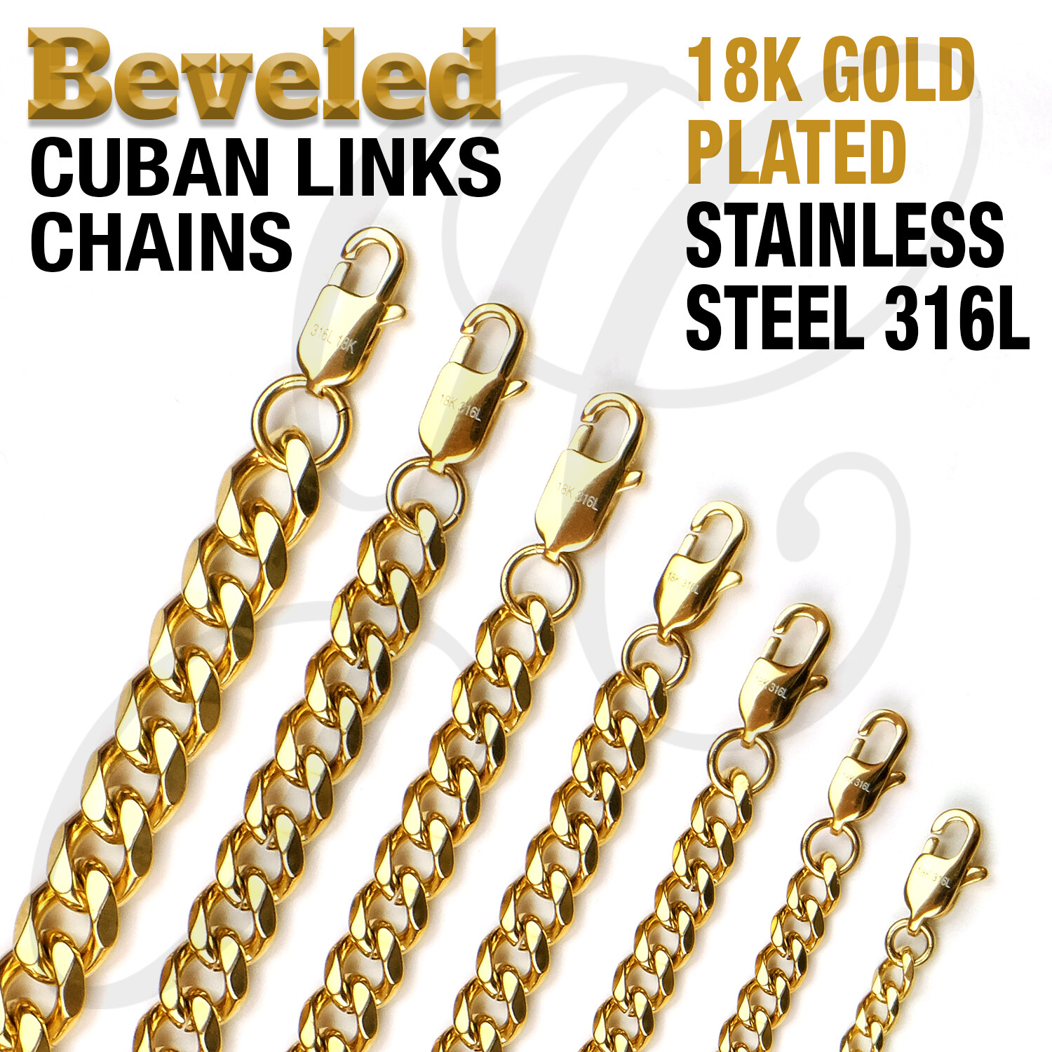 18K Gold Plated Beveled Cuban Link Stainless Steel 316L Chain Necklace 14″-48″