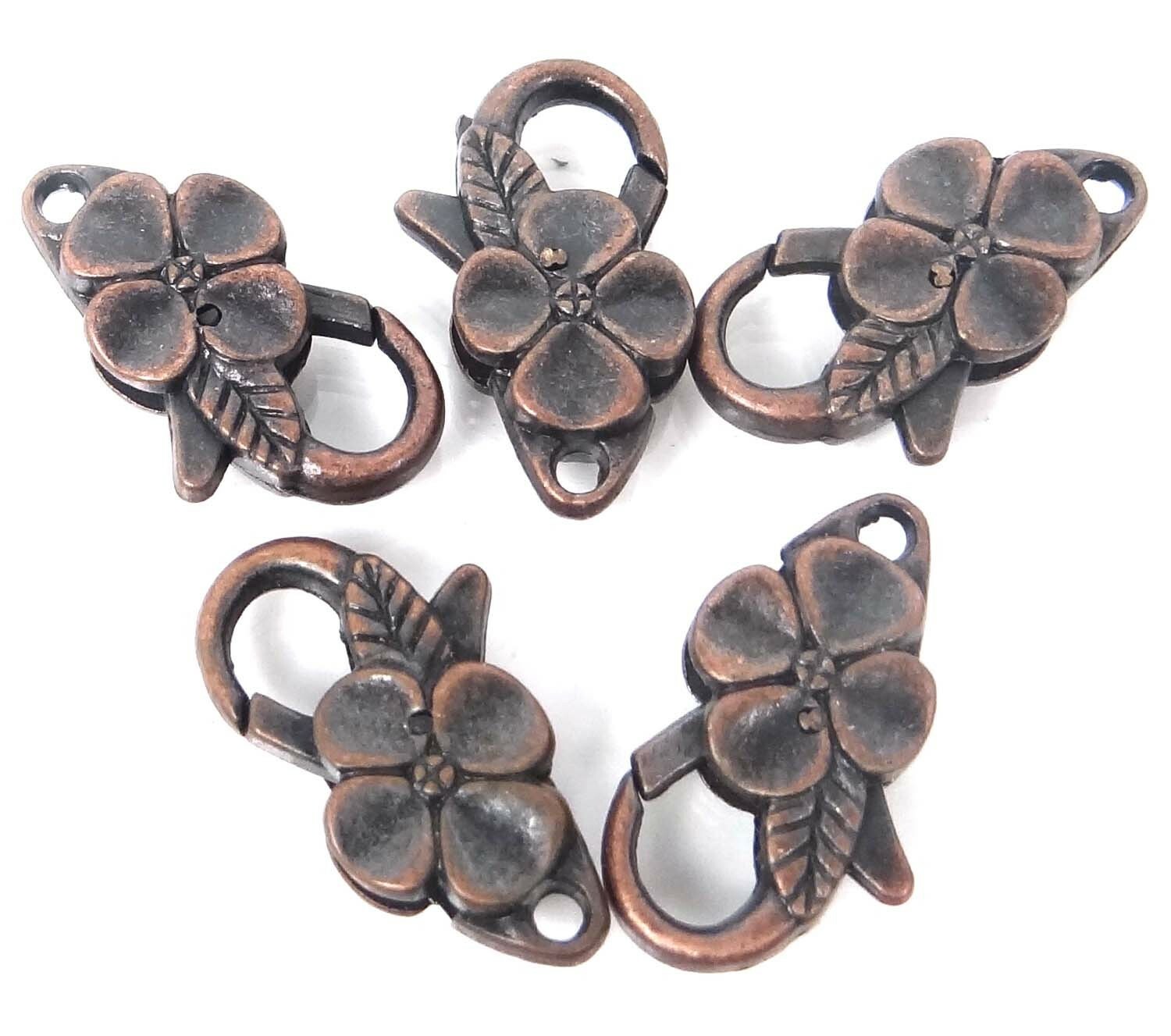 4 Large Antique Copper Pewter Flower Lobster Claw Clasps 25x14mm