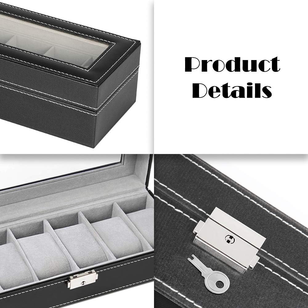 6 Slots Watch Box Organizer for Men, Black Watch Holder Stand Display Storage Ca