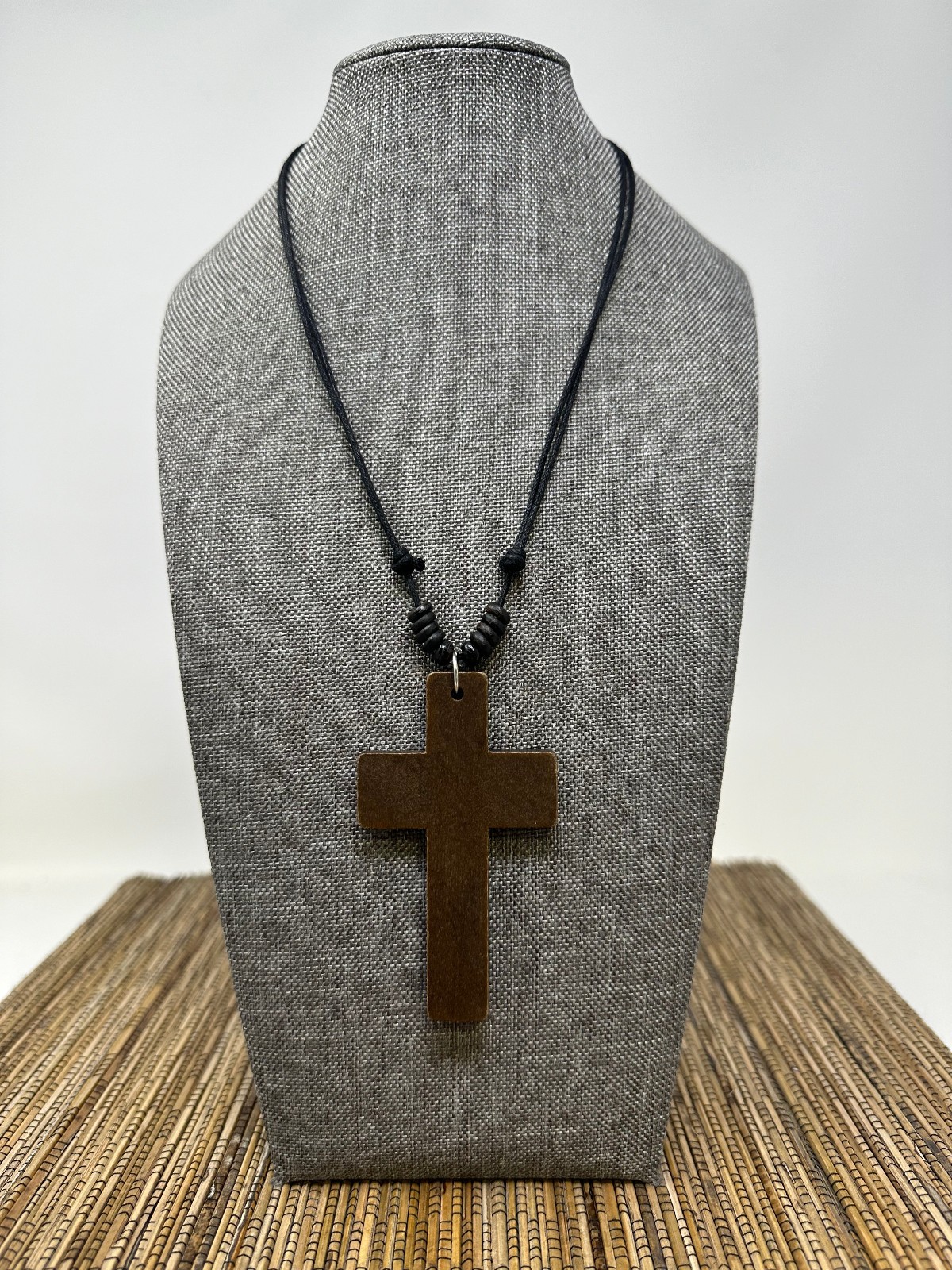 Wooden Cross Necklace 3in Brown Pendant Adjustable 16‑30in Sliding Knots Unisex
