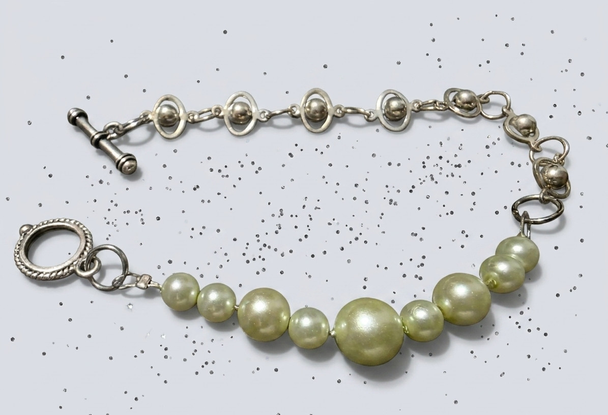 Very Light Green Faux Pearl & Silver Metal Bracelet | Simple Elegant Bracelet