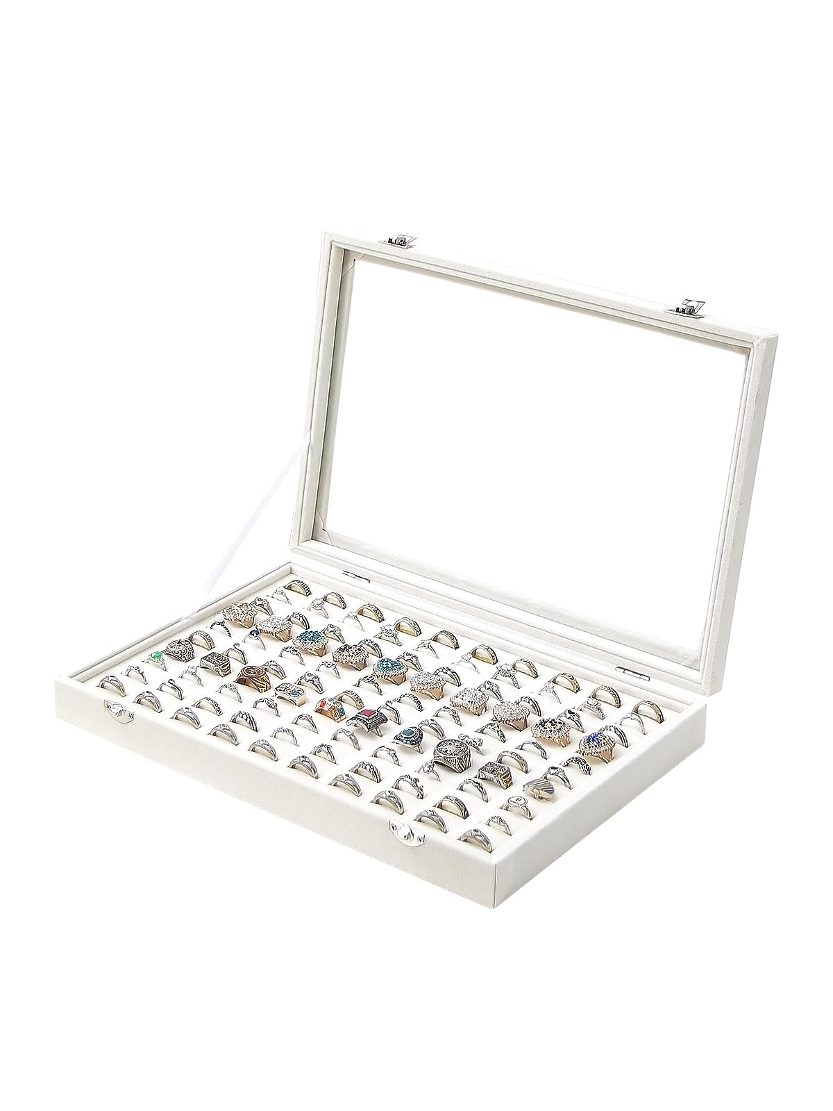 Ring Display Box 100 Slots with Glass Top Lid, Black Jewelry Storage Case