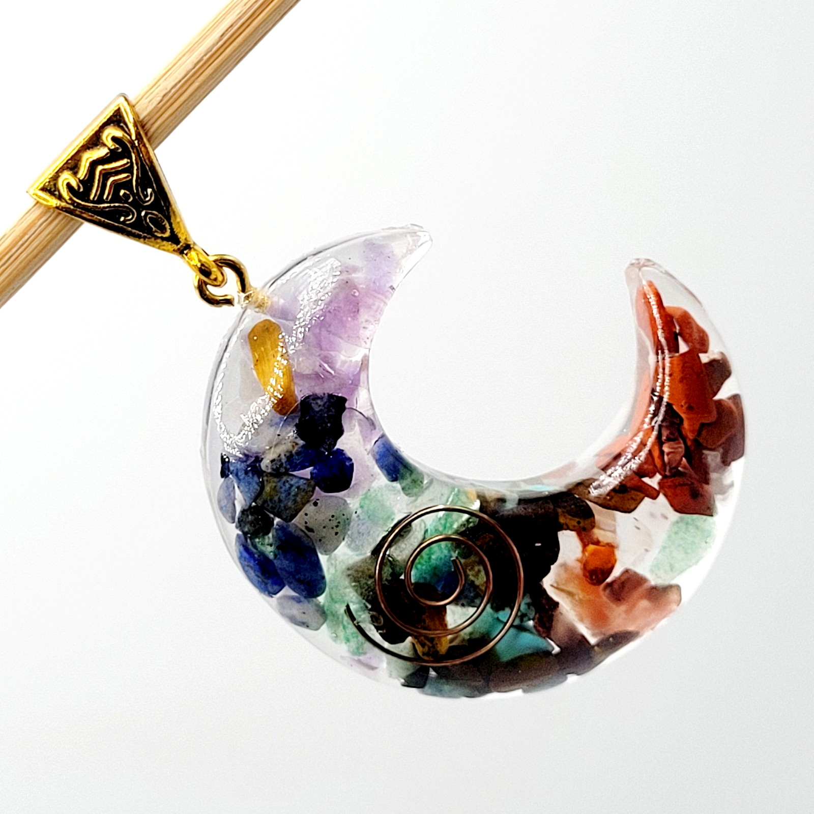 Crescent Moon Shape Orgone Chakra Crystal Chip Pendant Ornate Bail No Chain